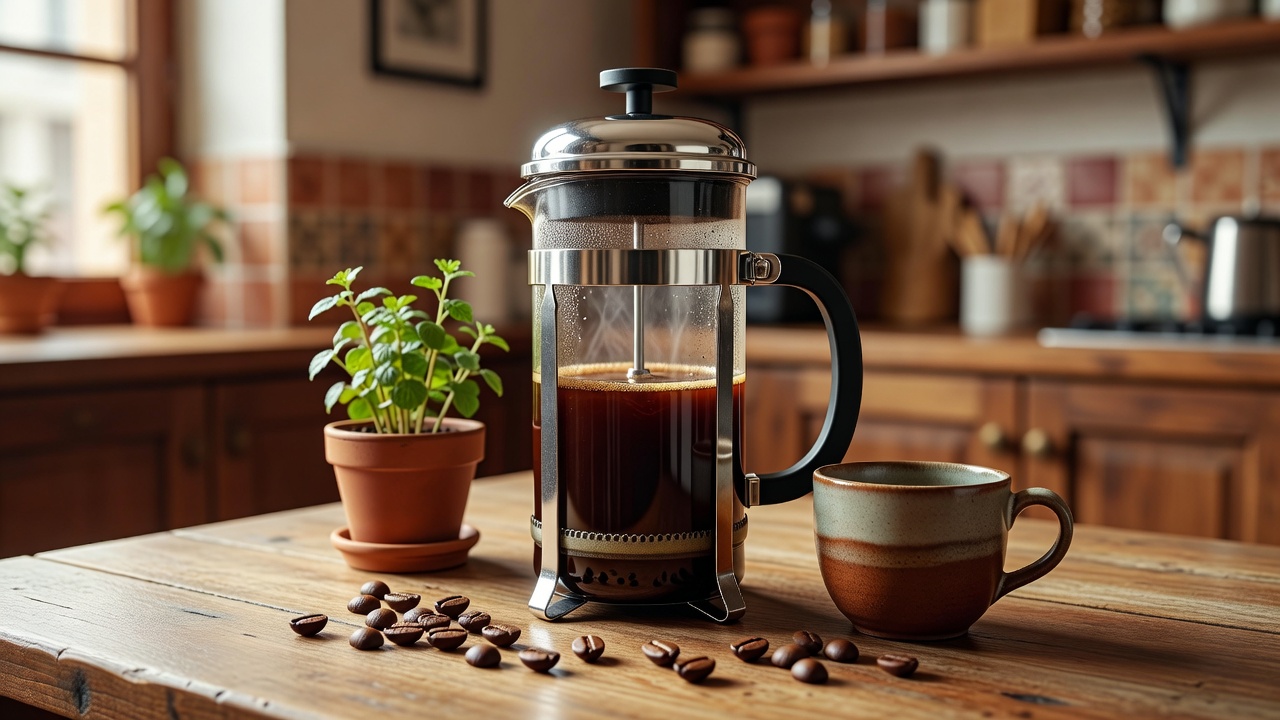 Café preparándose en una prensa francesa de cristal
