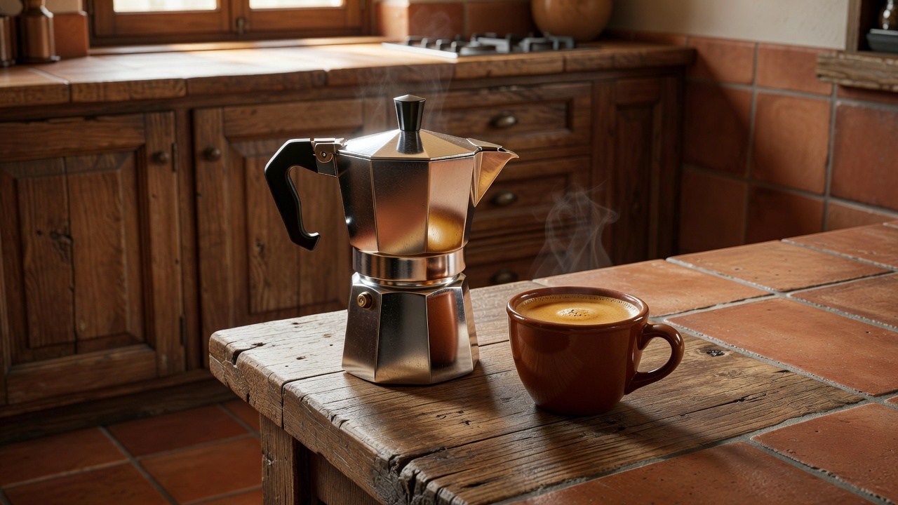 Cafetera Moka clásica sirviendo café intenso